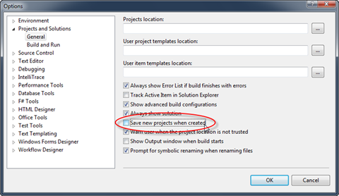 Visual Studio options dialog with the ‘Save new project when created’ option focused