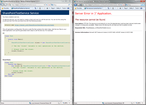 Two Internet Explorer windows next to each other. Left one shows the contents of a WCF service. The right one shows an error page for the 'Resource cannot be found error'