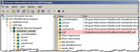 IIS Manager window showing the content of a SharePoint Web Application. The _wcf Virtual Directory is highlighted