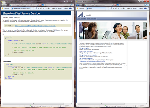 Two Internet Explorer windows next to each other. Left shows a WCF service, right the home page of a SharePoint Publishing site.