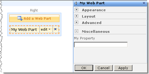 Sample Web Part right after adding it to the page: the My Property property is empty and no text is displayed