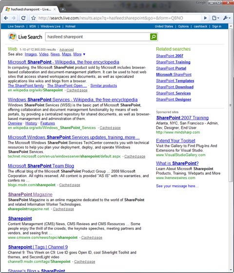 search results for sites about SharePoint which provide RSS feeds. Wikipedia is on the first place!