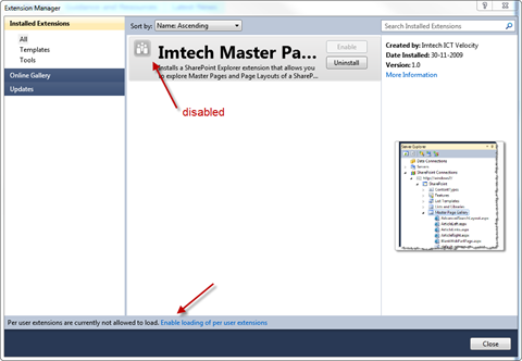 Extension Manager with the default setting which disallows loading per user extensions while running as administrator