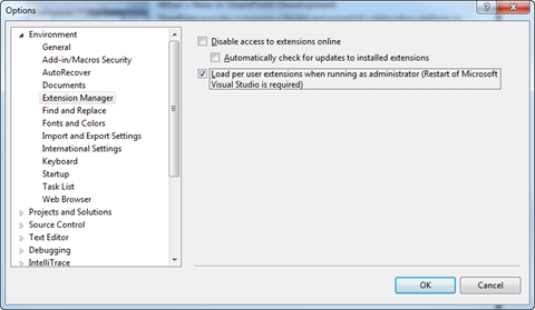 Setting the Load per user extensions when running as administrator option through the Options dialog