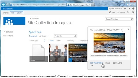 The ‘Edit Renditions’ option highlighted in SharePoint 2013