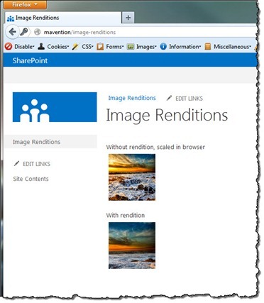 Publishing page with two images: one original sized in browser and one resized using renditions