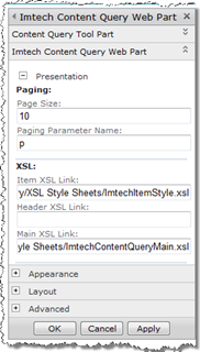 Custom properties of the Imtech Content Query Web Part that provide support for paging