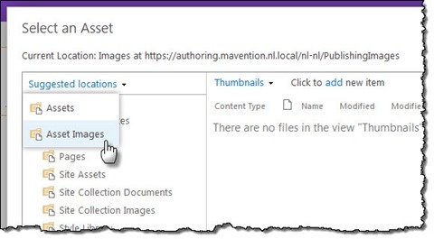 Selecting assets location using the ‘Suggested locations’ drop-down menu n Rich Text Editor’s insert image dialog