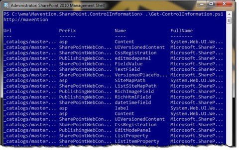 SharePoint 2010 Management Console with the output of the Get Control Information command