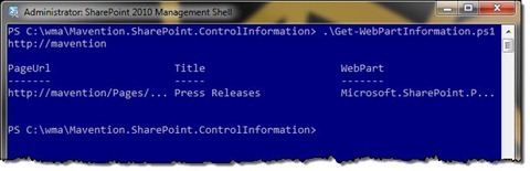 SharePoint 2010 Management Shell with the output of the Get Web Part Information command