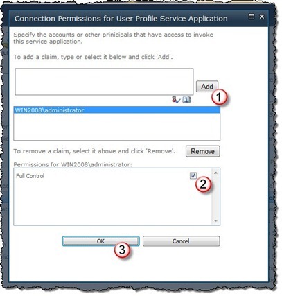 Granting permissions to access the User Profile Service Application to the administrator account