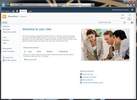 Standard SharePoint 2010 Team Site as displayed in the desktop version of IE9