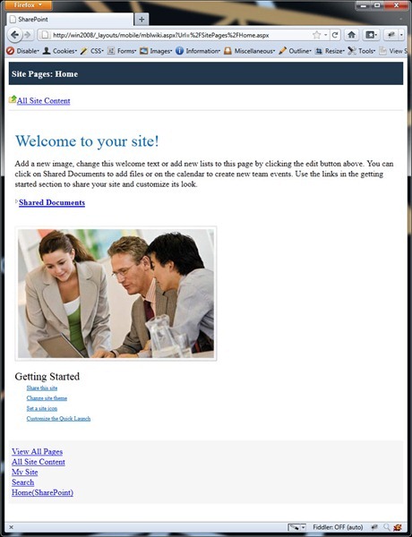 Standard SharePoint 2010 Team Site as seen on Windows Mobile 6.5